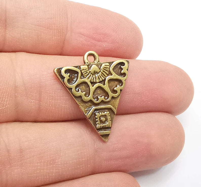 2 Unique Triangle Bronze Charms, Antique Bronze Plated (25x22mm) G29408