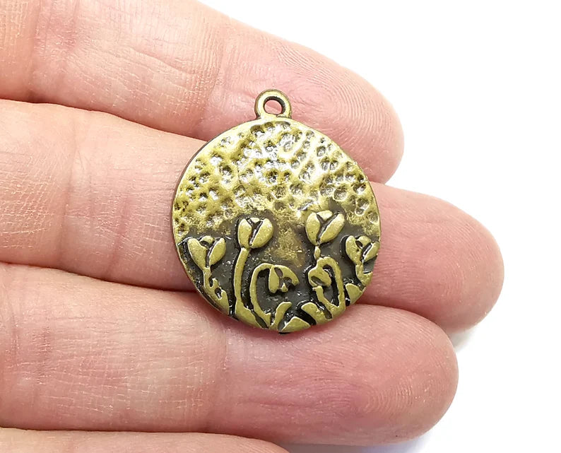 Flower Garden Charms Antique Bronze Plated Hammered Charms (24mm) G29629