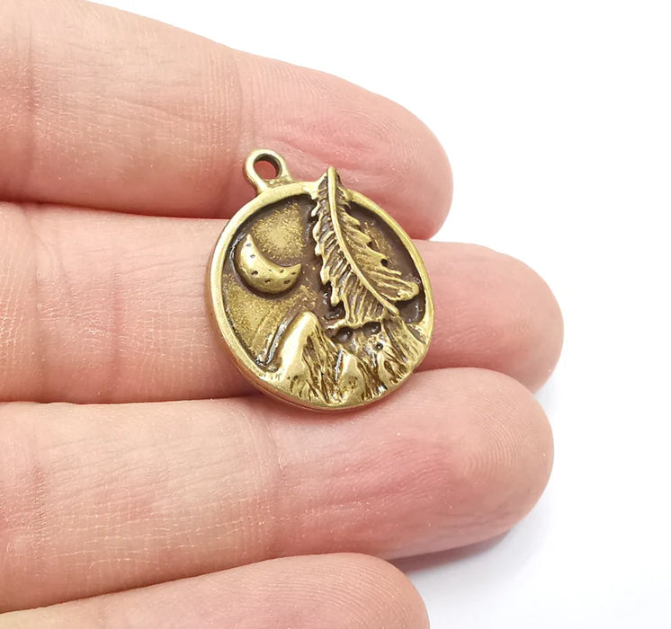 Mountain Tree and Crescent Charms Landscape Tree Moon Charms Pendant Antique Bronze Plated Charms (28x24mm) G29423