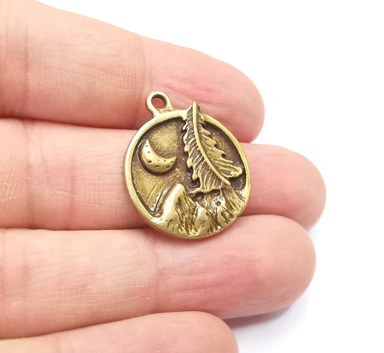 Mountain Tree and Crescent Charms Landscape Tree Moon Charms Pendant Antique Bronze Plated Charms (28x24mm) G29423