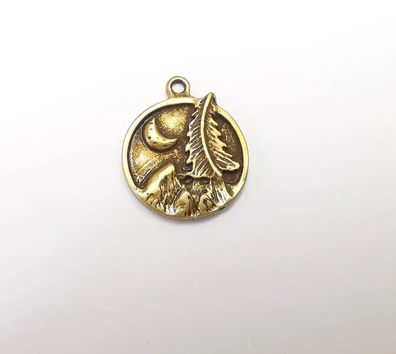 Mountain Tree and Crescent Charms Landscape Tree Moon Charms Pendant Antique Bronze Plated Charms (28x24mm) G29423