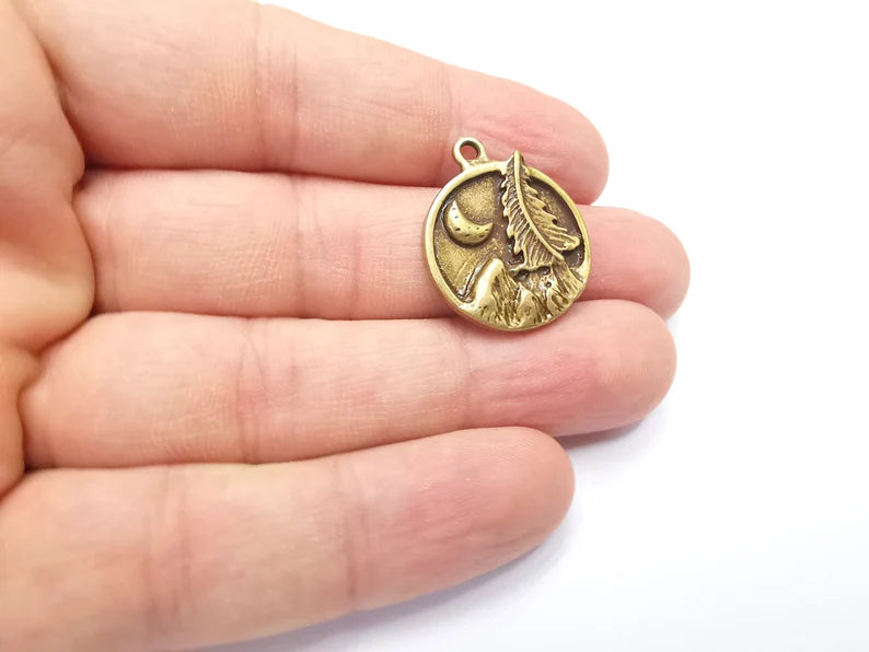 Mountain Tree and Crescent Charms Landscape Tree Moon Charms Pendant Antique Bronze Plated Charms (28x24mm) G29423