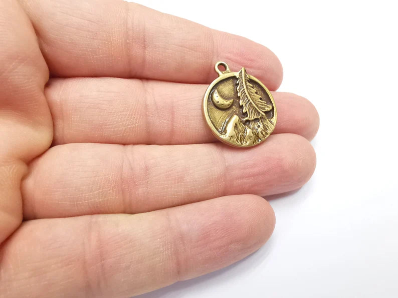 Mountain Tree and Crescent Charms Landscape Tree Moon Charms Pendant Antique Bronze Plated Charms (28x24mm) G29423