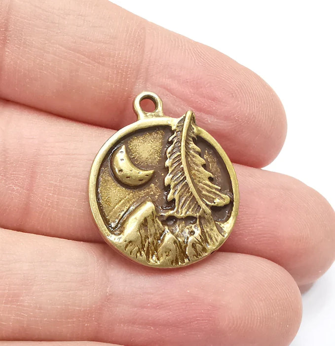 Mountain Tree and Crescent Charms Landscape Tree Moon Charms Pendant Antique Bronze Plated Charms (28x24mm) G29423