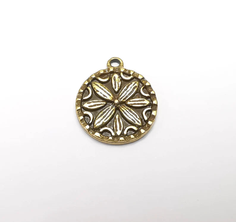 2 Flower Charms, Antique Bronze Plated Mandala Charms (24x20mm) G29424