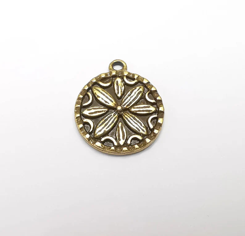 2 Flower Charms, Antique Bronze Plated Mandala Charms (24x20mm) G29424