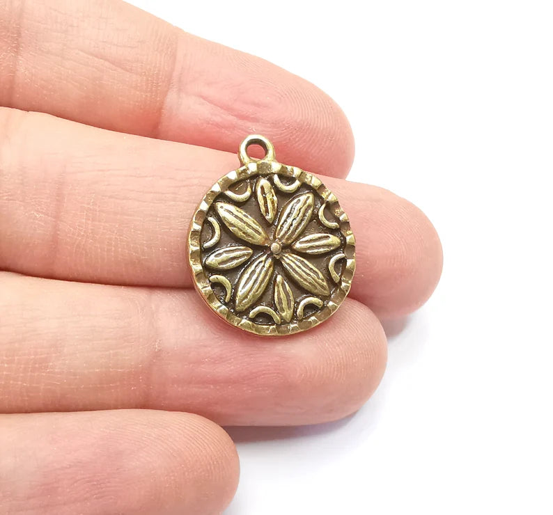 2 Flower Charms, Antique Bronze Plated Mandala Charms (24x20mm) G29424