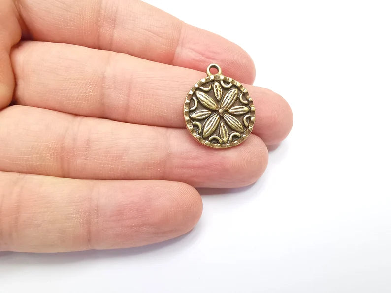 2 Flower Charms, Antique Bronze Plated Mandala Charms (24x20mm) G29424