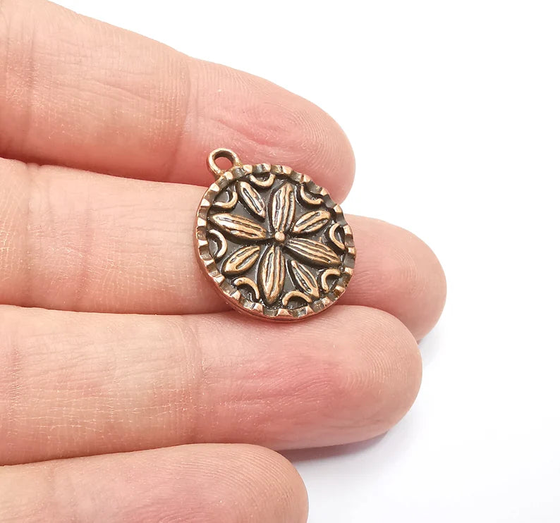 2 Flower Charms, Antique Copper Plated Mandala Charms (24x20mm) G29426