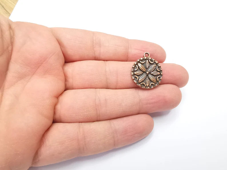 2 Flower Charms, Antique Copper Plated Mandala Charms (24x20mm) G29426