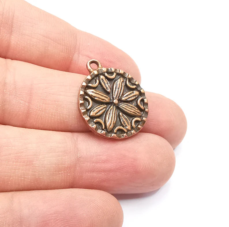 2 Flower Charms, Antique Copper Plated Mandala Charms (24x20mm) G29426