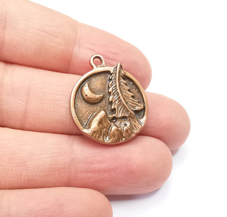 Mountain Tree and Crescent Charms Landscape Tree Moon Charms Pendant Antique Copper Plated Charms (28x24mm) G29431