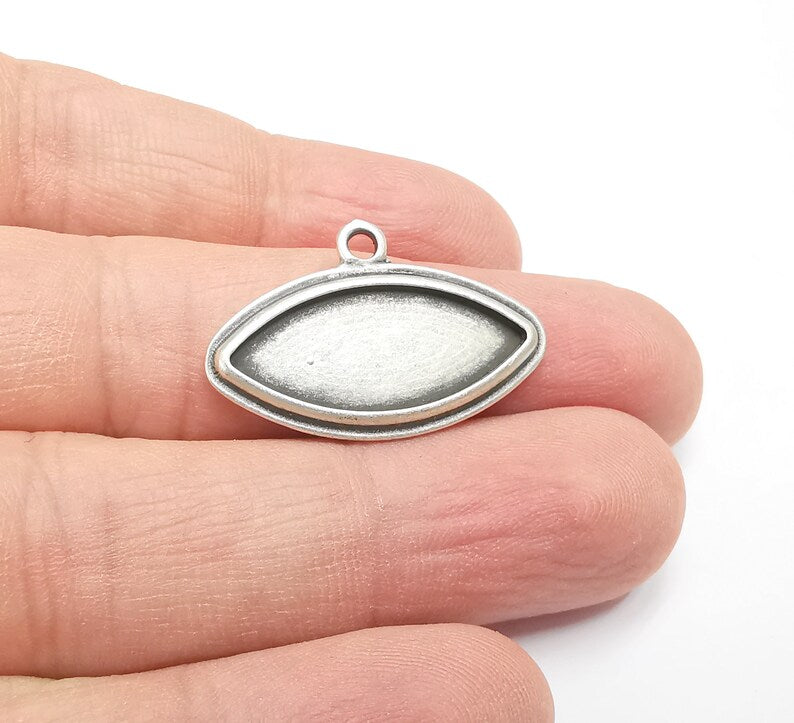 2 Marquise Charm Bezel, Resin Blank, inlay Mounting, Mosaic Pendant Frame, Cabochon Base,Dry Flower Setting, Antique Silver (25x10mm) G29443