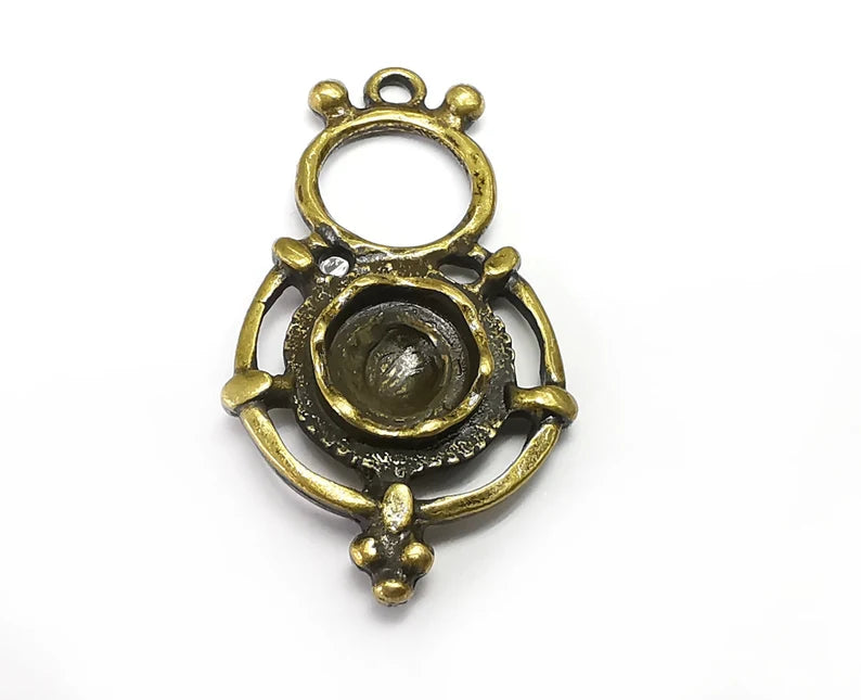 Ethnic Charms Blank Resin Bezel Mosaic Mountings Cabochon Setting Antique Bronze Plated Pendant (38x21mm)(8mm Blank) G29635