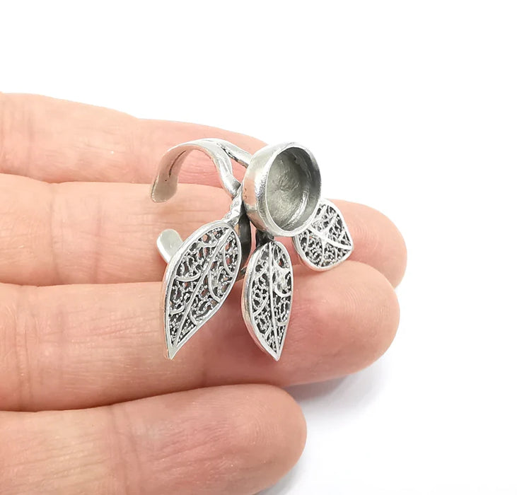 Leaf Ring Setting Blank Cabochon Mounting Adjustable Resin Ring Base Bezel Mosaic Ring, Antique Silver Plated Brass (10mm bezel) G29639