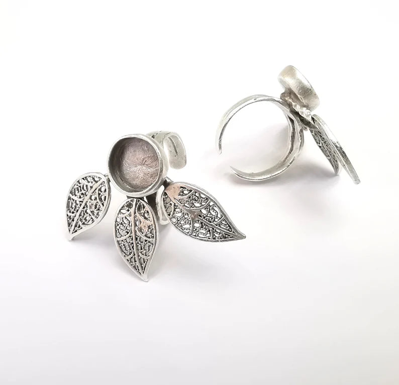 Leaf Ring Setting Blank Cabochon Mounting Adjustable Resin Ring Base Bezel Mosaic Ring, Antique Silver Plated Brass (10mm bezel) G29639
