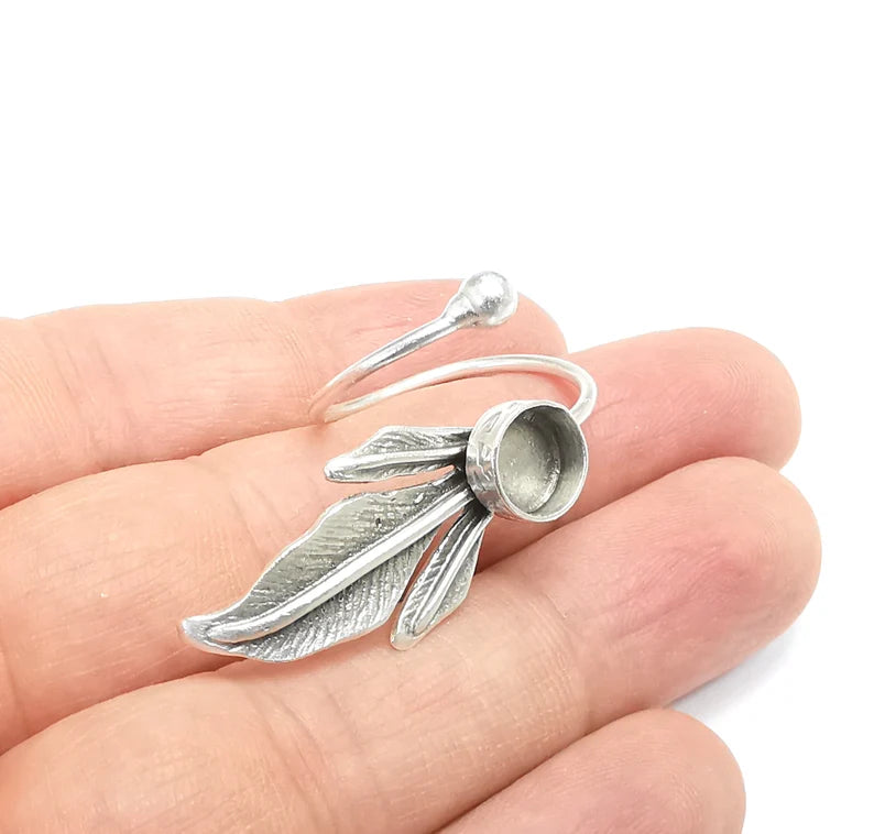 Leaf Ring Setting Blank Cabochon Mounting Adjustable Resin Ring Base Bezel Wrap Mosaic Ring, Antique Silver Plated Brass (8mm bezel) G29640