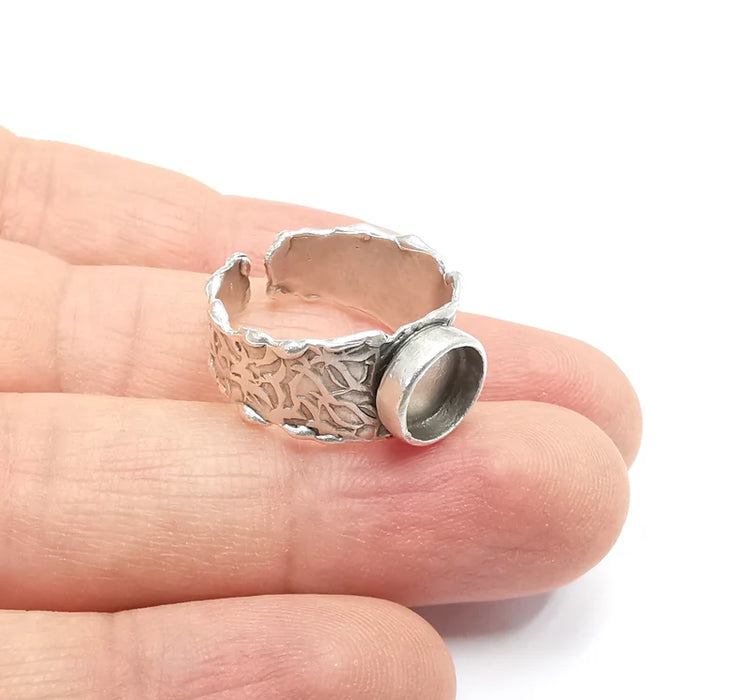 Ring Setting Blank Cabochon Mounting Adjustable Resin Base Bezel Mosaic Ring, Tree Bark Patterned Antique Silver Plated Brass (8mm) G29641