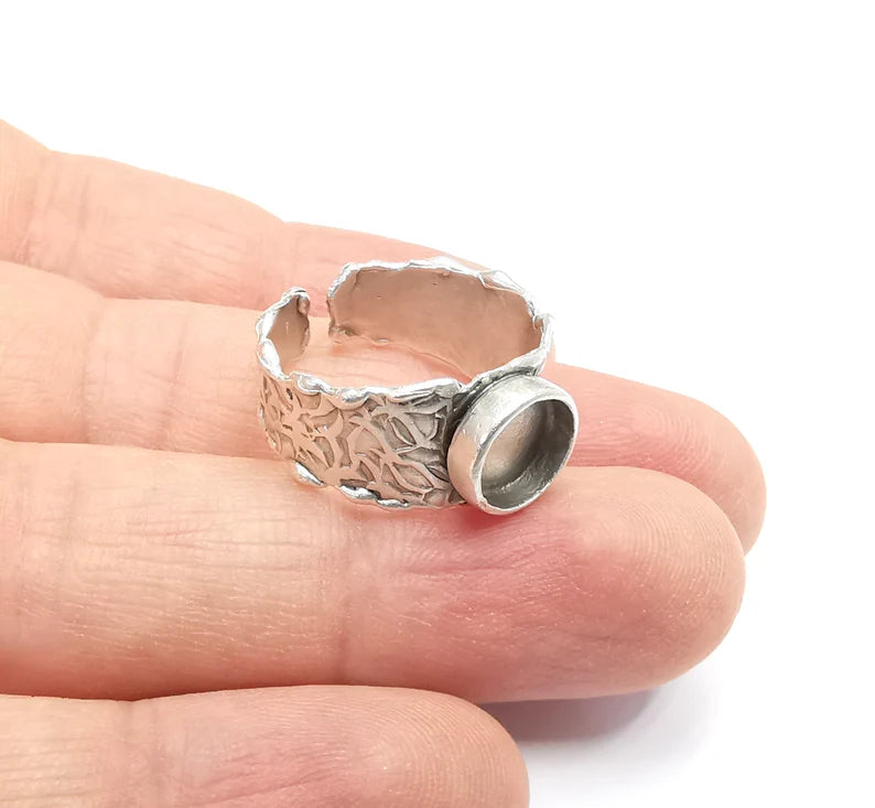 Ring Setting Blank Cabochon Mounting Adjustable Resin Base Bezel Mosaic Ring, Tree Bark Patterned Antique Silver Plated Brass (8mm) G29641