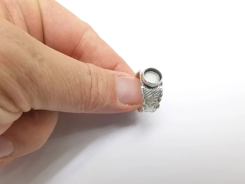 Ring Setting Blank Cabochon Mounting Adjustable Resin Base Bezel Mosaic Ring, Tree Bark Patterned Antique Silver Plated Brass (8mm) G29641
