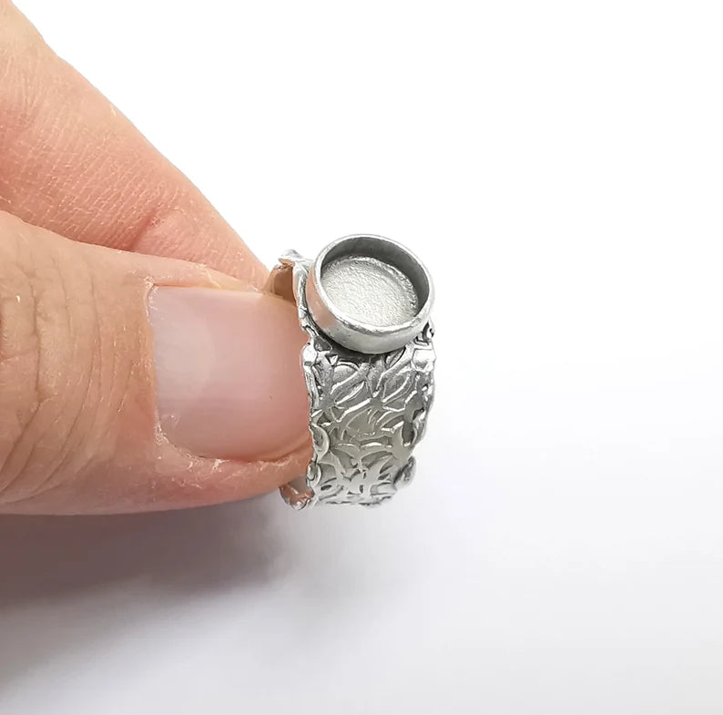 Ring Setting Blank Cabochon Mounting Adjustable Resin Base Bezel Mosaic Ring, Tree Bark Patterned Antique Silver Plated Brass (8mm) G29641