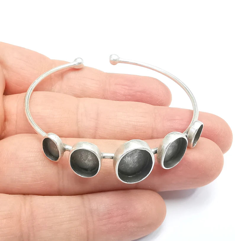 Oval Silver Bracelet Bezel Blank Resin Bezel Cabochon Cuff Base Adjustable Antique Silver Plated Brass (9x6mm+11x8mm+14x10mm Bezel) G29642