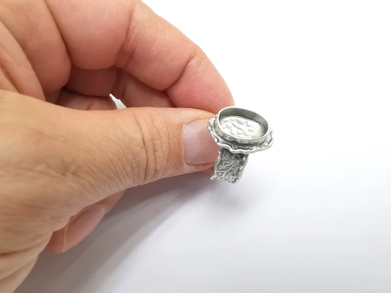 Ring Setting Blank Cabochon Mounting Adjustable Resin Base Bezel Mosaic Ring, Tree Bark Patterned Antique Silver Plated Brass (14x10) G29644