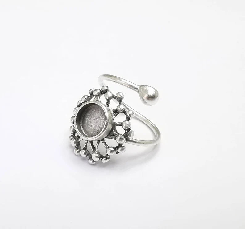 Flower, Sun Ring Setting Blank Cabochon Mounting Adjustable Resin Ring Base Mosaic Ring, Antique Silver Plated Brass (8mm bezel) G29645