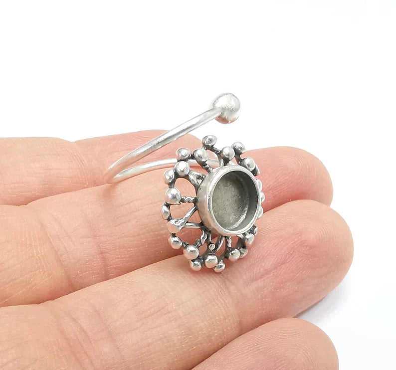 Flower, Sun Ring Setting Blank Cabochon Mounting Adjustable Resin Ring Base Mosaic Ring, Antique Silver Plated Brass (8mm bezel) G29645