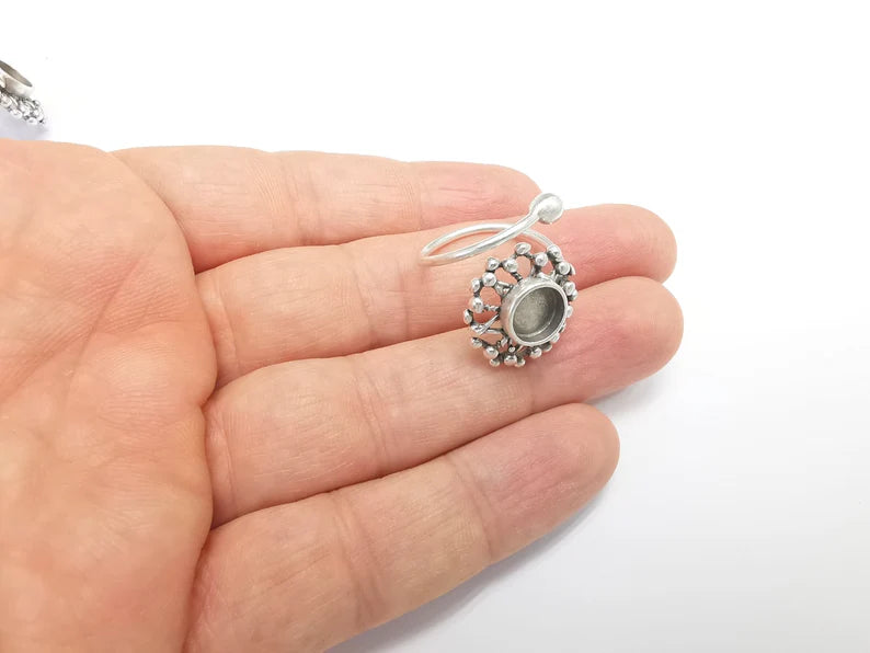 Flower, Sun Ring Setting Blank Cabochon Mounting Adjustable Resin Ring Base Mosaic Ring, Antique Silver Plated Brass (8mm bezel) G29645