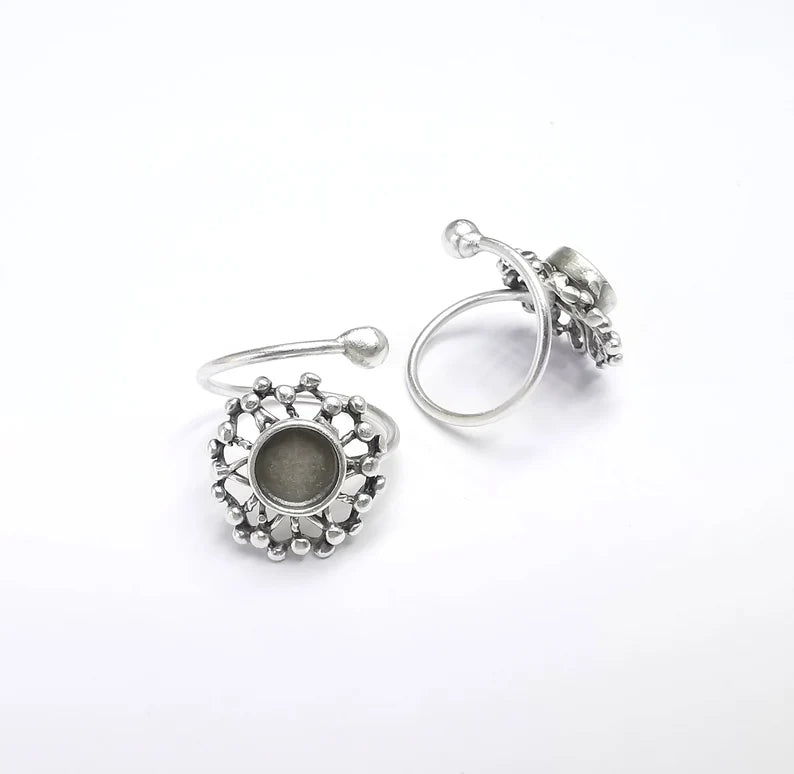 Flower, Sun Ring Setting Blank Cabochon Mounting Adjustable Resin Ring Base Mosaic Ring, Antique Silver Plated Brass (8mm bezel) G29645