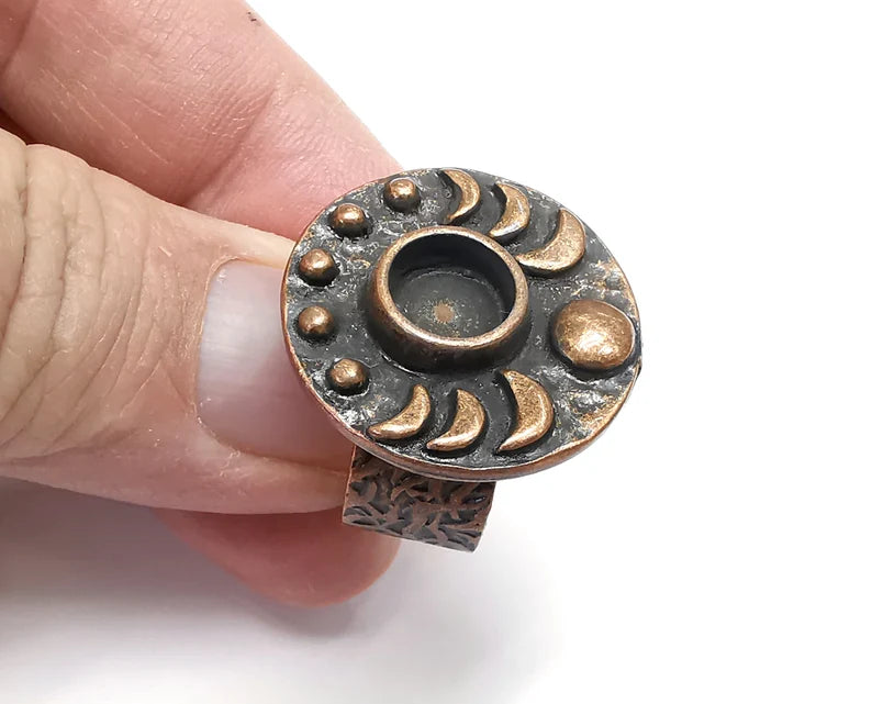 Crescent Moon Ring, The Phases of The Moon Ring Blank Setting, Cabochon Mounting, Adjustable Resin Base Bezels, Antique Copper (8mm) G29652