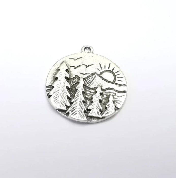 Sun Mountain Tree Landscape Charms Pendant Antique Silver Plated Charms (30x26mm) G29654