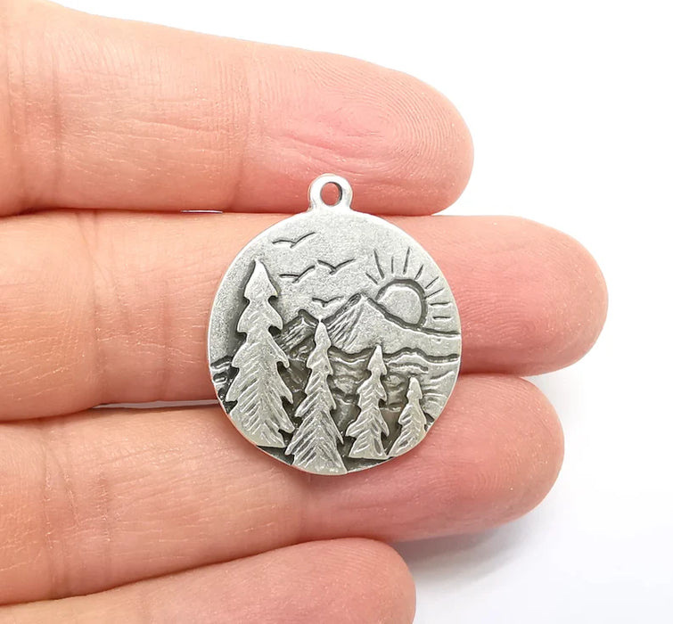 Sun Mountain Tree Landscape Charms Pendant Antique Silver Plated Charms (30x26mm) G29654