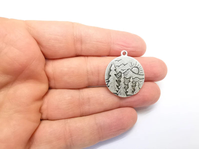 Sun Mountain Tree Landscape Charms Pendant Antique Silver Plated Charms (30x26mm) G29654