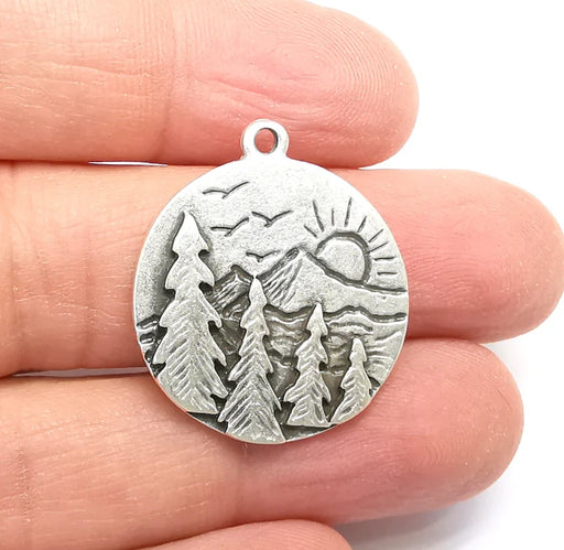 Sun Mountain Tree Landscape Charms Pendant Antique Silver Plated Charms (30x26mm) G29654