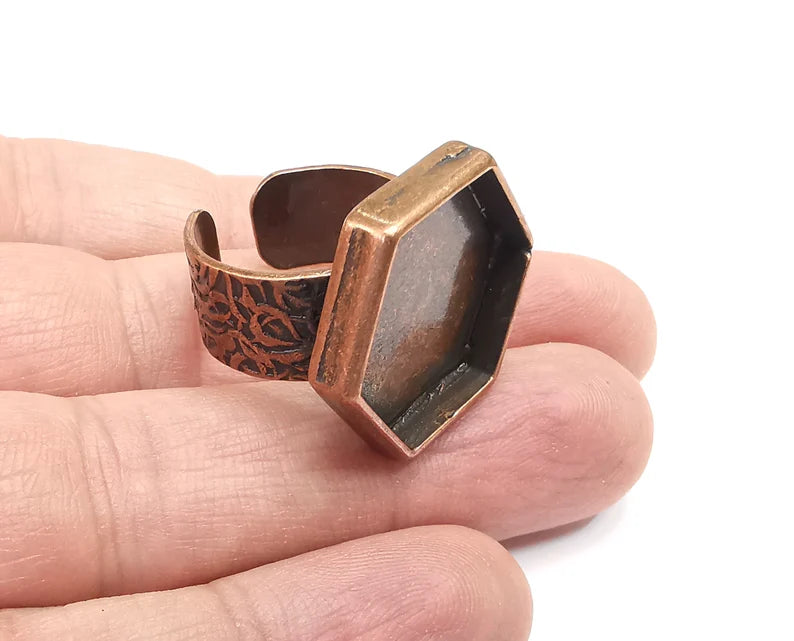 Hexagon Ring, Branch Ring Blank Setting, Cabochon Mounting, Adjustable Resin Base Bezels, Antique Copper Plated (20mm) G29657