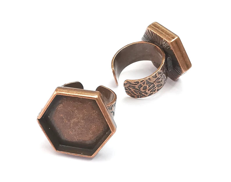 Hexagon Ring, Branch Ring Blank Setting, Cabochon Mounting, Adjustable Resin Base Bezels, Antique Copper Plated (20mm) G29657