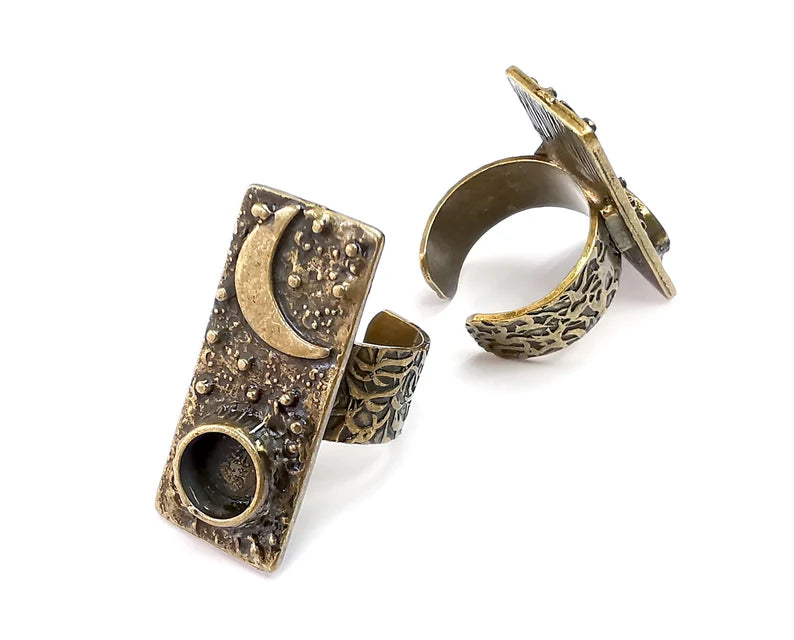 Sky Crescent Moon Ring Blank Setting, Cabochon Mounting, Adjustable Resin Ring Base, Antique Bronze Inlay Mosaic Ring Bezel (8mm) G29658