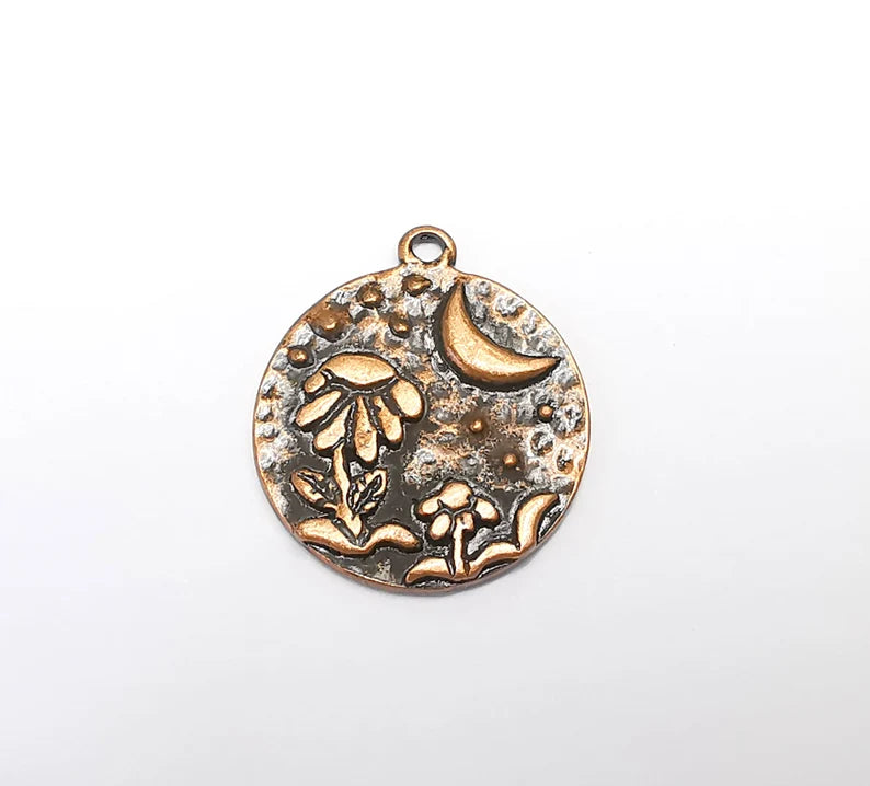 Daisy Flower Leaf Charms Crescent Star Hammered Disc Pendant Antique Copper Plated (27x24mm) G29668