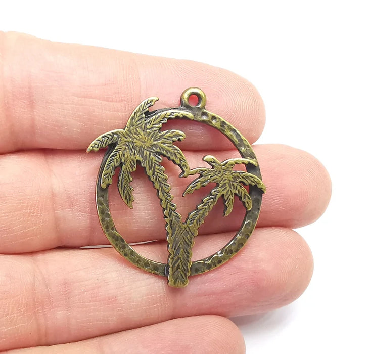 Palm Tree Round Charms Antique Bronze Plated Charms (36x31mm) G29669