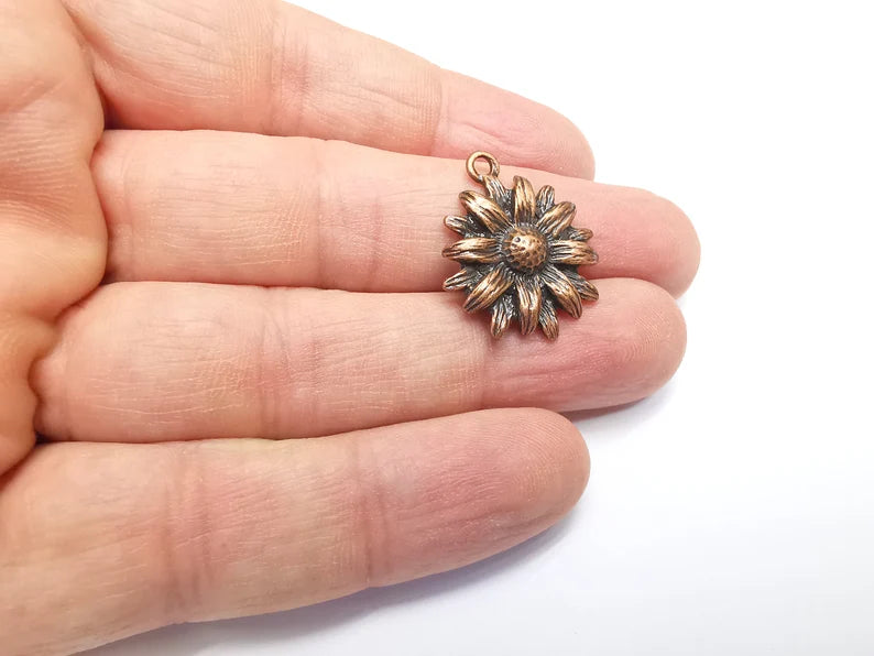 2 Flowers Charms, Sun flower Charms, Daisy Charms, Antique Copper Plated Plants Charms (25x21mm) G29684