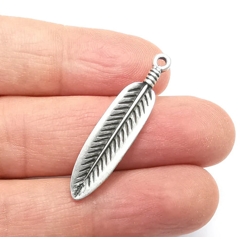 2 Feather Charms, Antique Silver Plated Charms Leaf Charms (38x9mm) G29685
