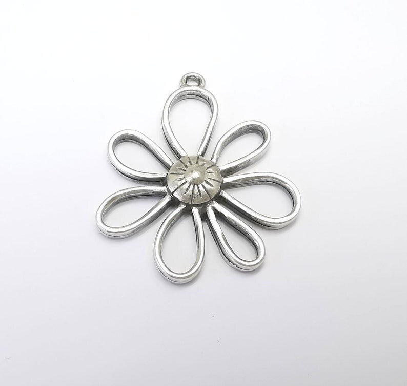 Flowers Charms Pendant, Daisy Charms, Antique Silver Plated Plants Charms (45x38mm) G29686