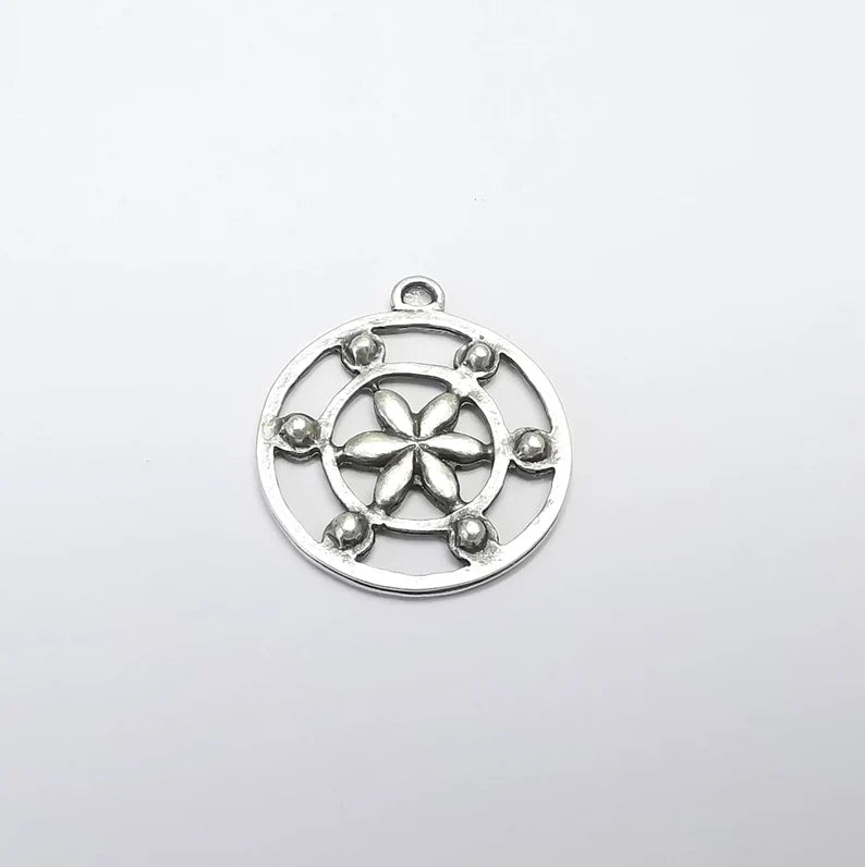 2 Flower Charms, Antique Silver Plated Pendant (30x26mm) G29694