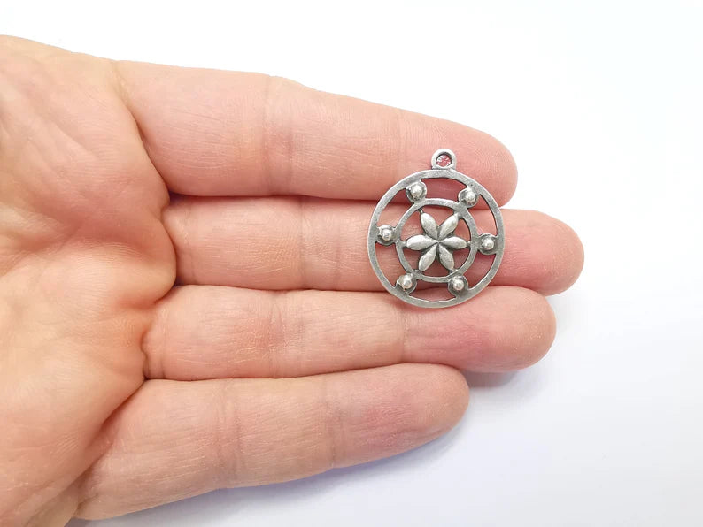 2 Flower Charms, Antique Silver Plated Pendant (30x26mm) G29694