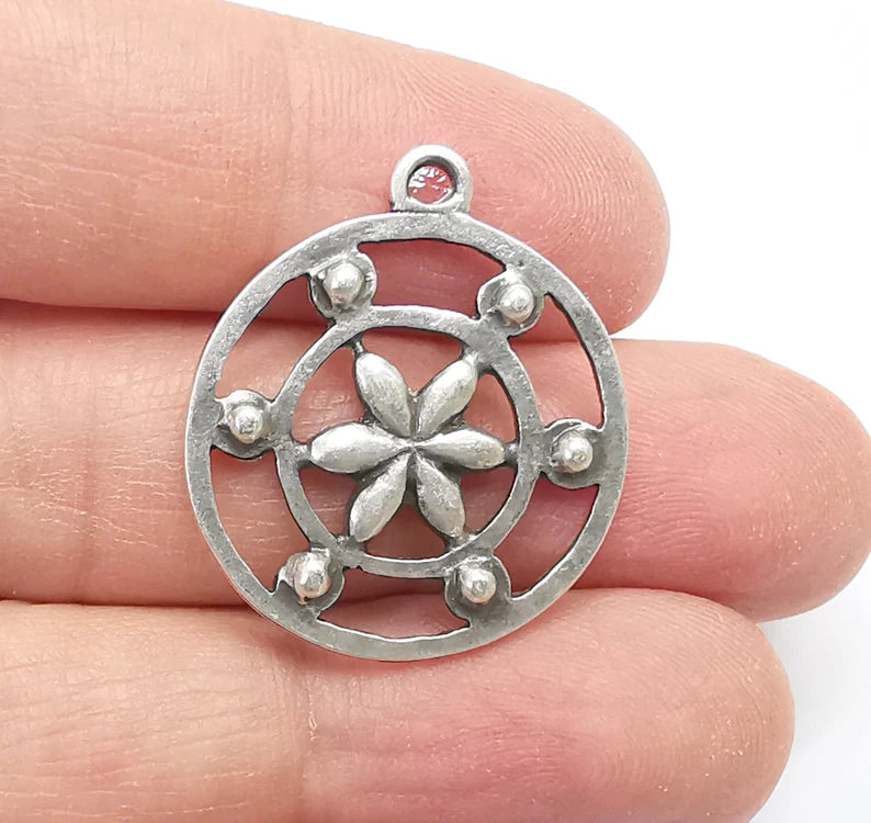 2 Flower Charms, Antique Silver Plated Pendant (30x26mm) G29694