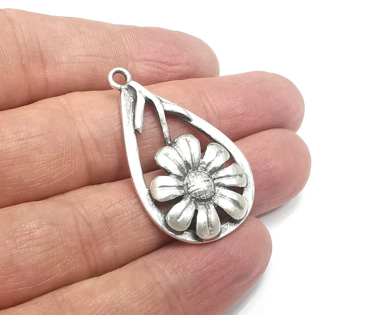 Flower Drop Charms Antique Silver Plated (40x24mm) G29701