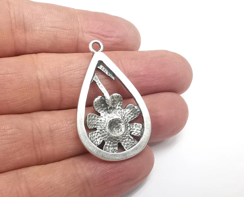Flower Drop Charms Antique Silver Plated (40x24mm) G29701
