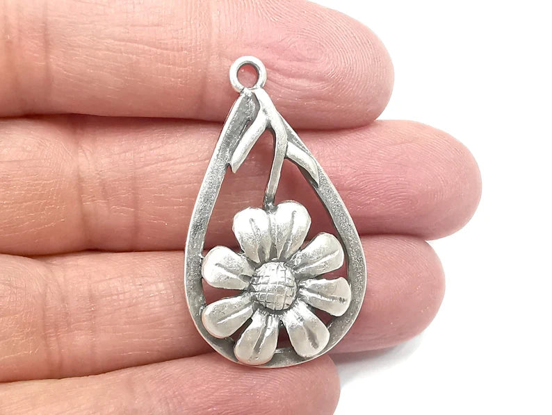 Flower Drop Charms Antique Silver Plated (40x24mm) G29701